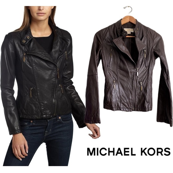 Michael Kors Brown Leather Jacket Motorcycle Moto Asymmetrical Zip Classic XS - Picture 1 of 14